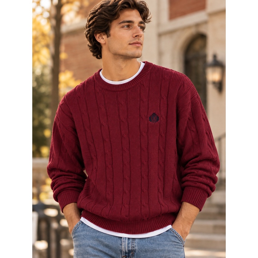 Vintage Y2K IZOD Cable Knit Sweater Mens L Burgundy Cotton Preppy Crest